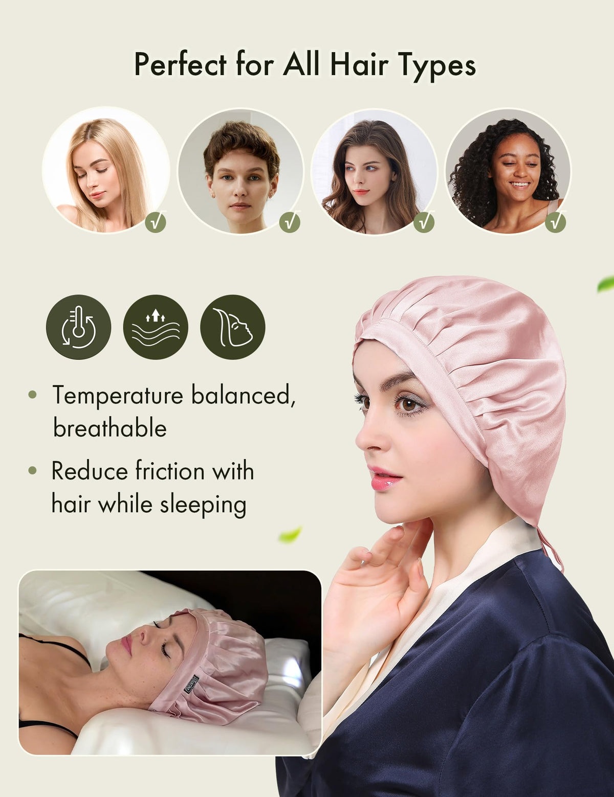 LilySilk 100% Mulberry Silk Adjustable Sleep Bonnet, Medium