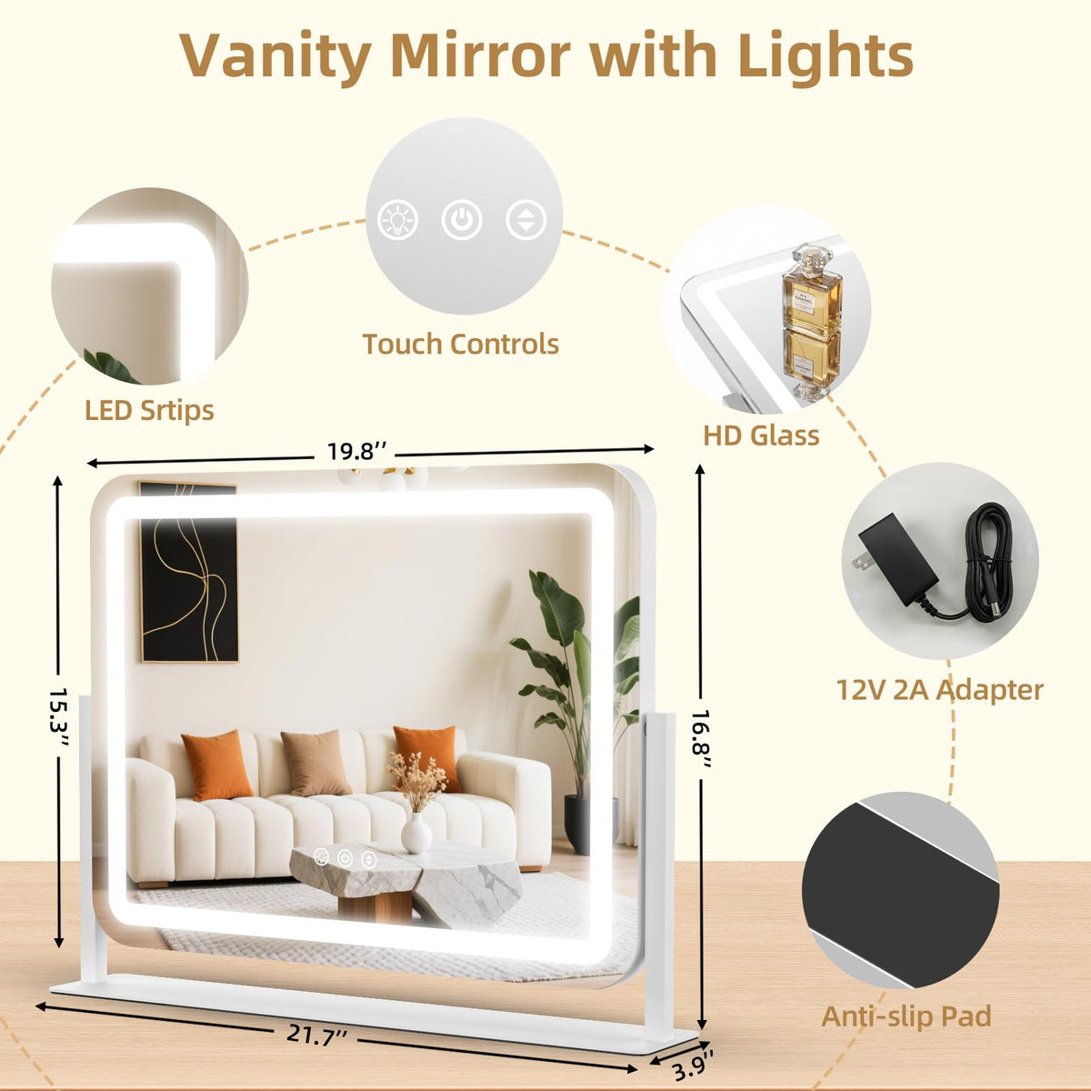 GioeDa Lighted Vanity Mirror with 10X Magnification, 3-Color Dimmable Lights