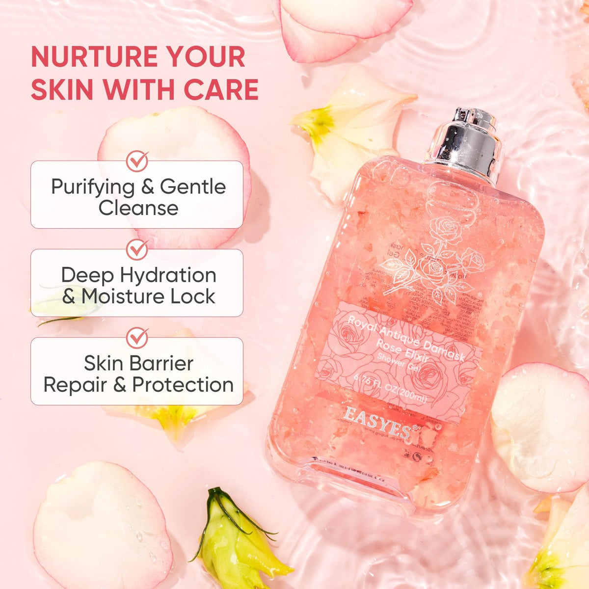 Rose Essence Body Wash with Real Rose Petals, Hyaluronic Acid & Ceramides
