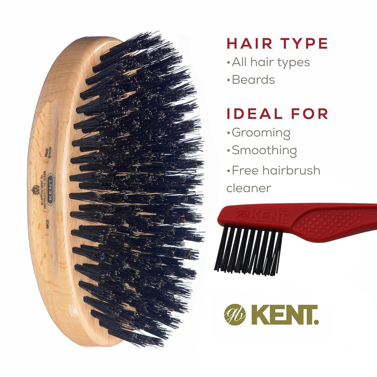 Kent MG2 Boar Bristle Hair and Beard Brush for Men