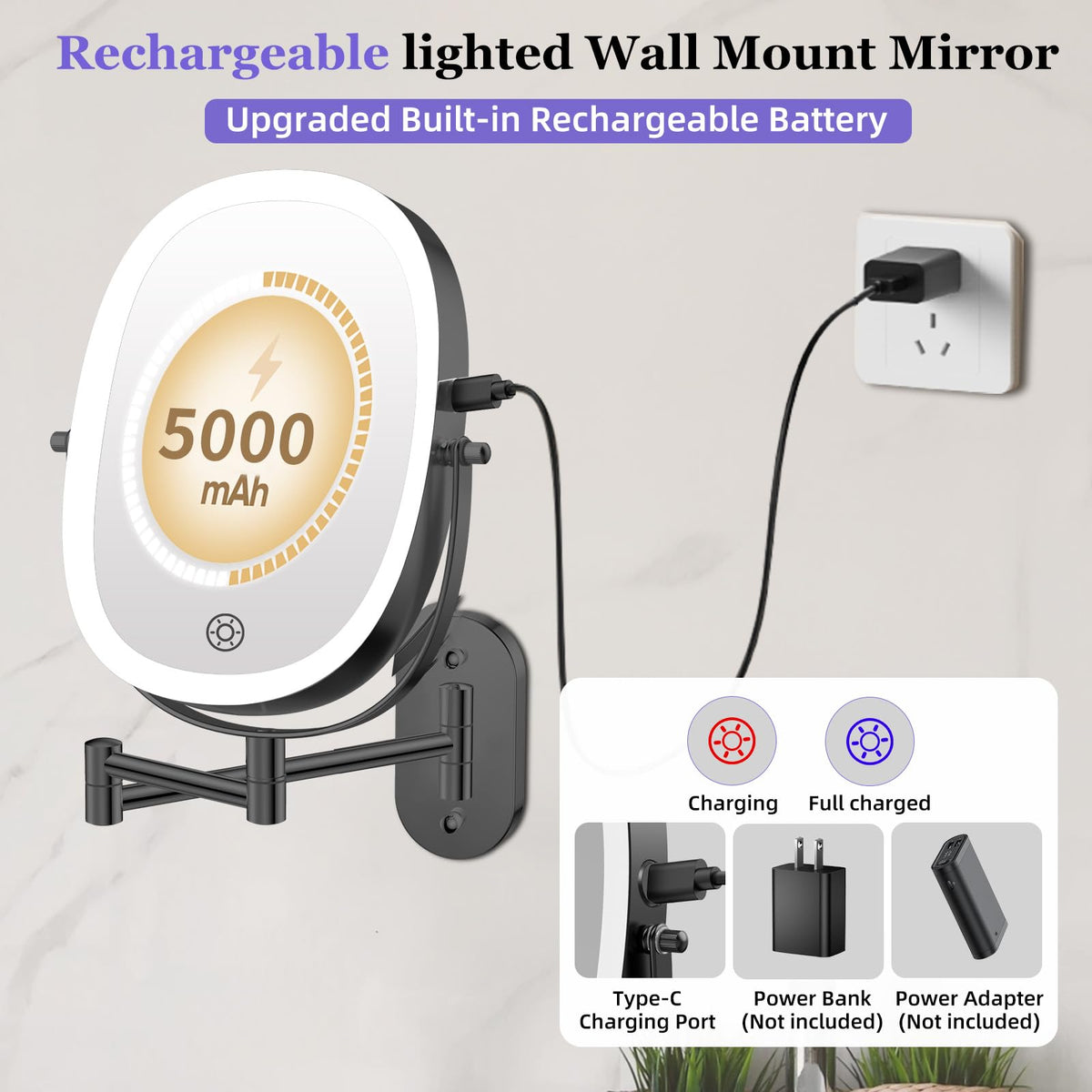 FUNTOUCH Rechargeable Wall-Mounted Lighted Makeup Mirror, Double-Sided 1X/30X