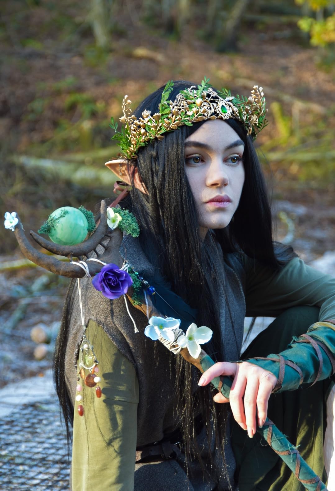 MOSTORY Woodland Fairy Flower Crown Headband with Rhinestone
