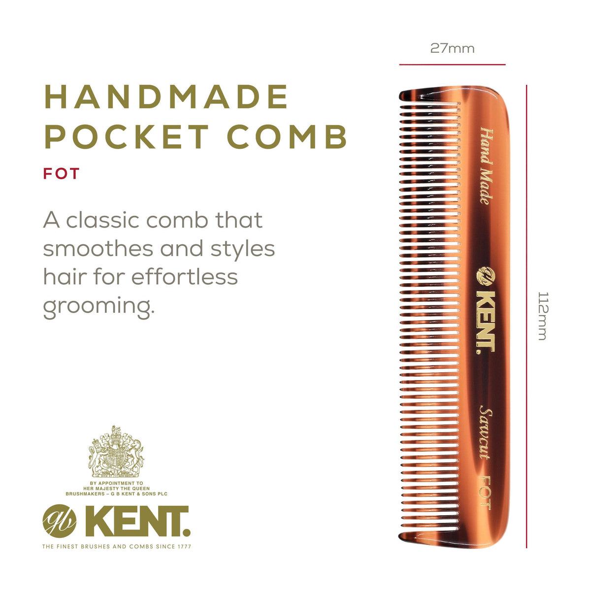 Kent Fine-Tooth Handmade Pocket Comb for Hair, Beard and Mustache Care