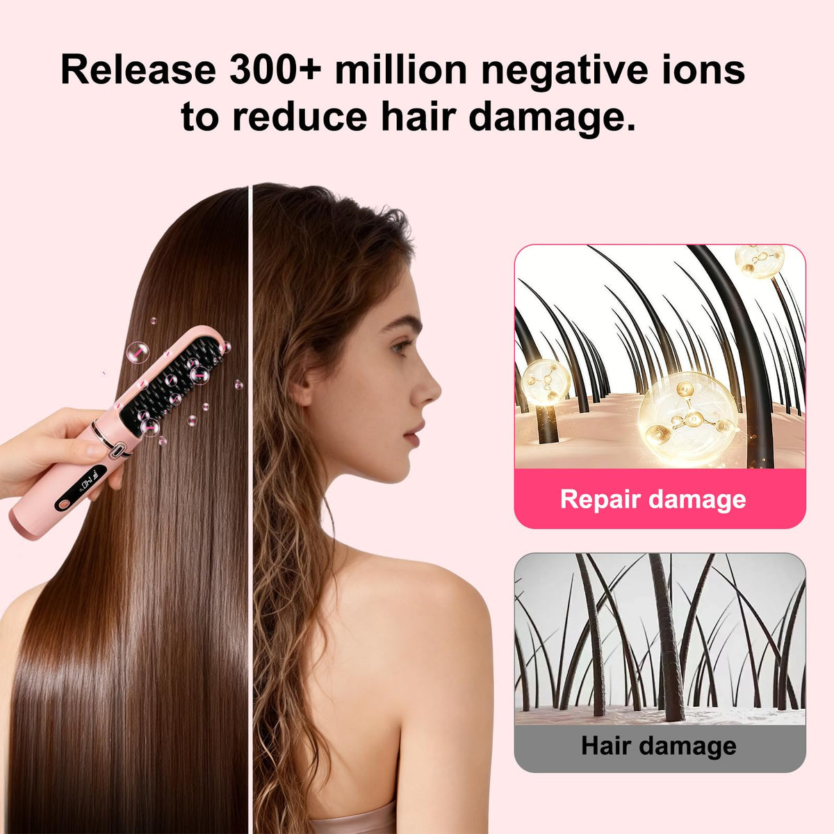 Cordless Hair Straightener Brush with Negative Ion Ceramic Bristles