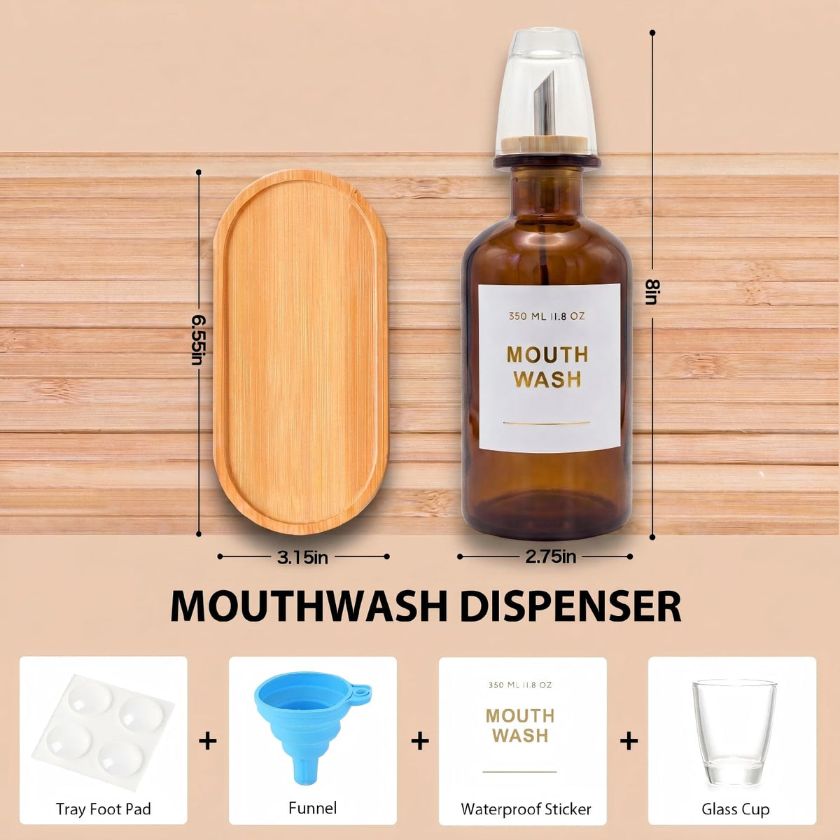 11.8 oz Glass Mouthwash Dispenser with Bamboo and Stainless Steel Nozzle