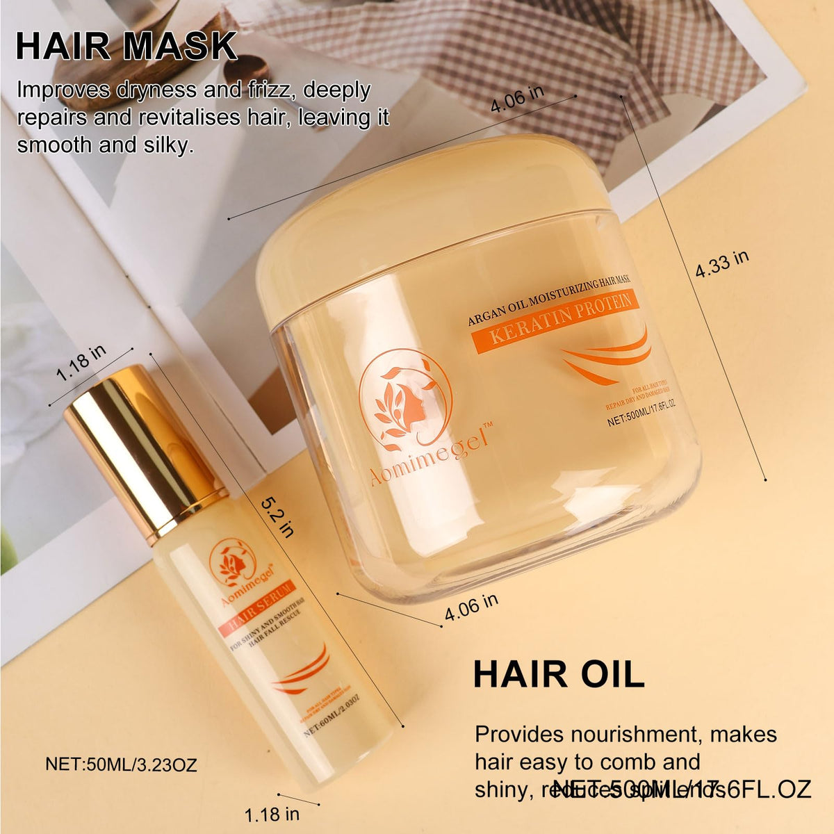 Argan Oil Hair Mask Set with Collagen & Keratin, 16.9 fl oz + 2 fl oz