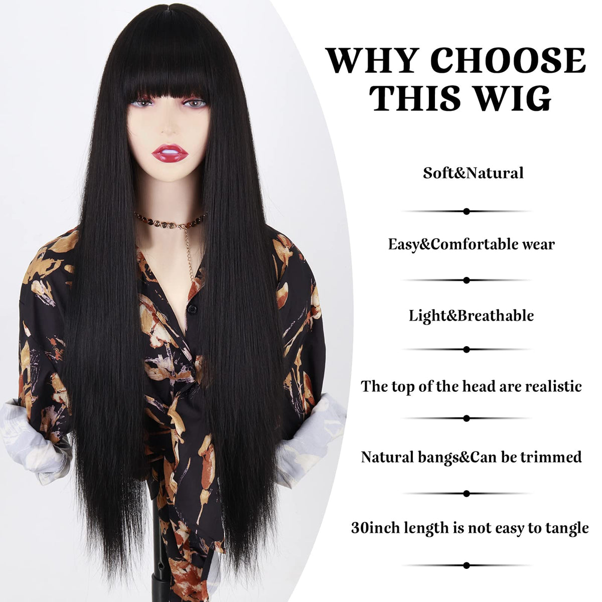 MISSQUEEN Long Straight Synthetic Wig with Bangs, Adjustable Cap