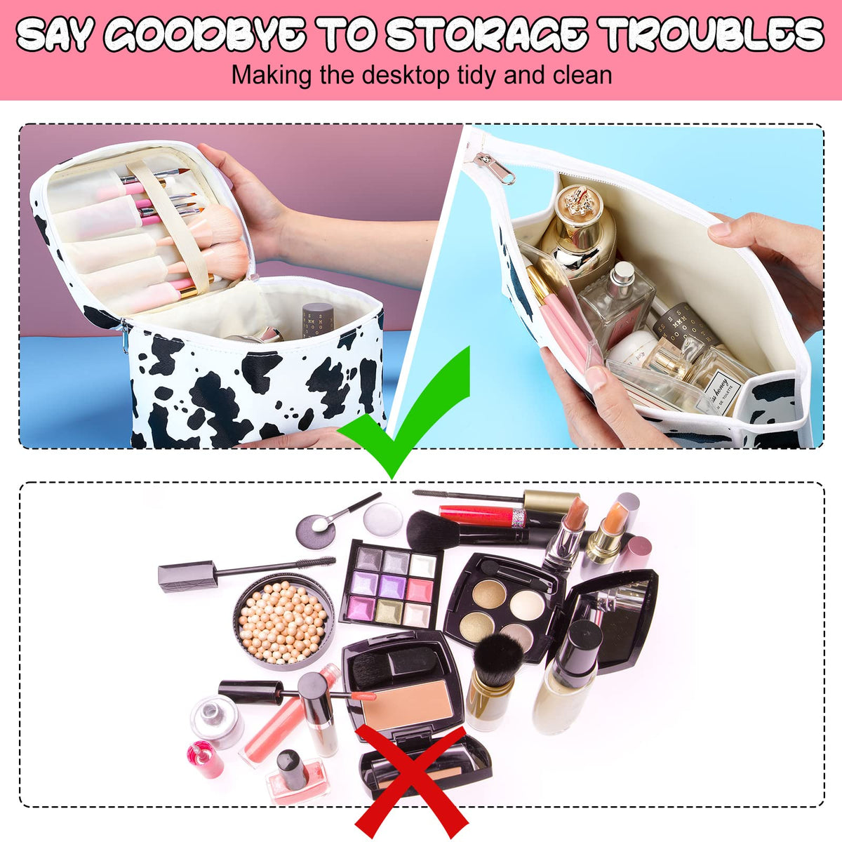 Saintrygo Set of 6 Cow Print Makeup Bags, PU Leather Travel Cosmetic Pouches