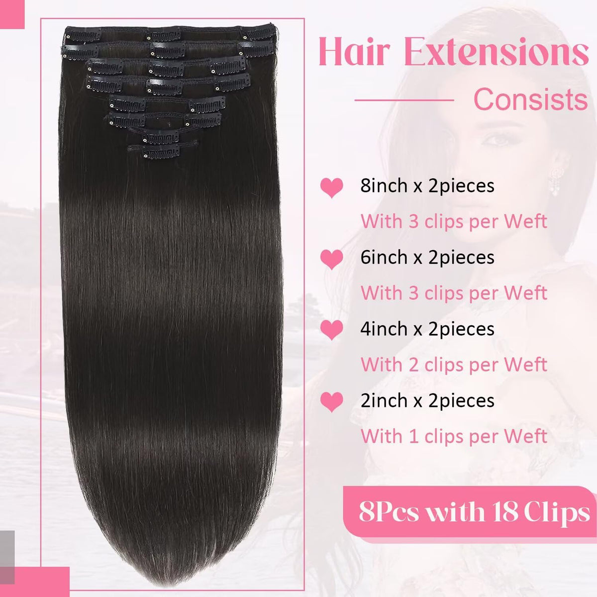 Tebelove Clip-In 100% Remy Brazilian Human Hair Extensions, Double-Weft Set