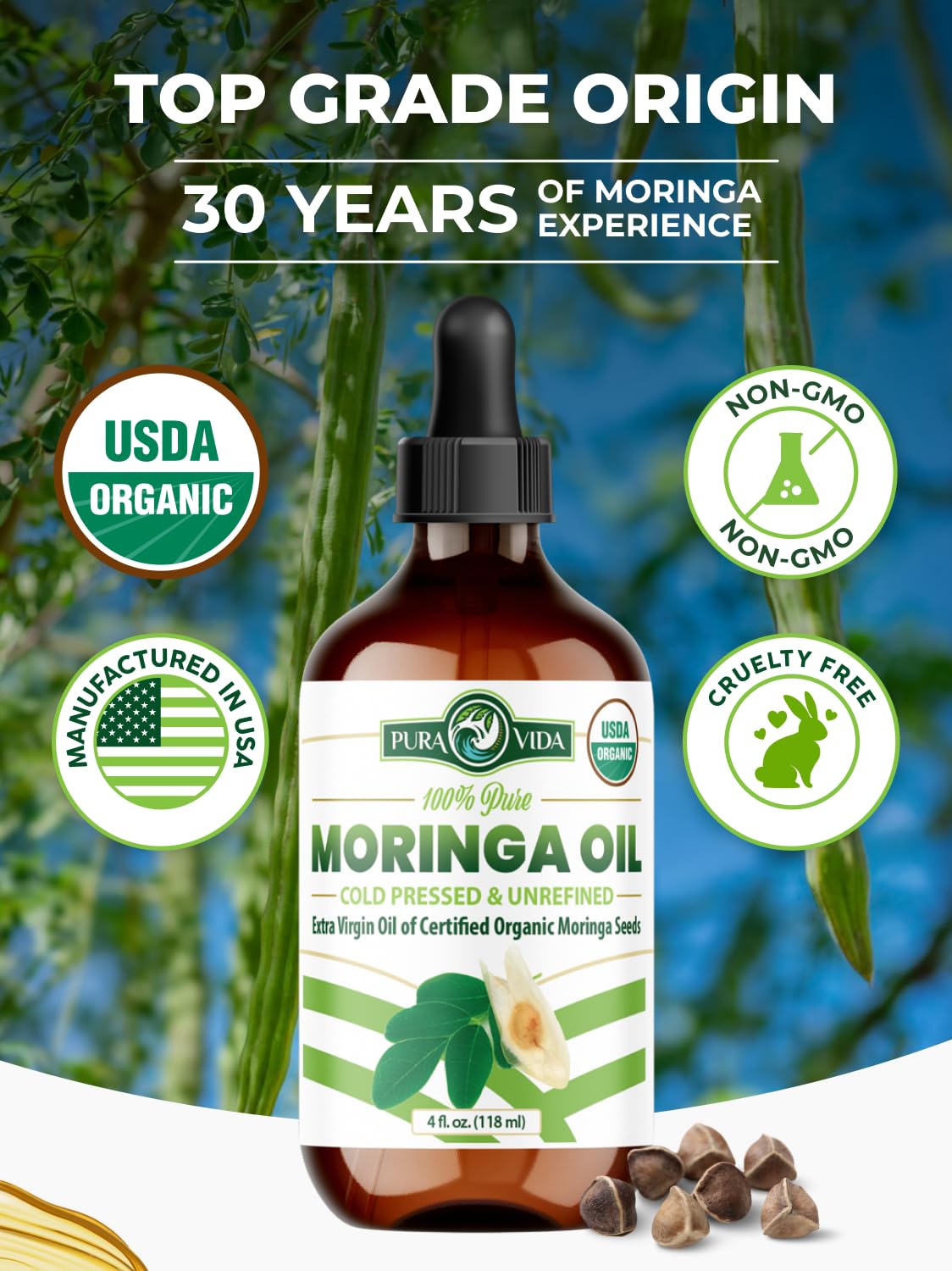 100% Pure Organic Moringa Seed Oil, Cold-Pressed & Unrefined