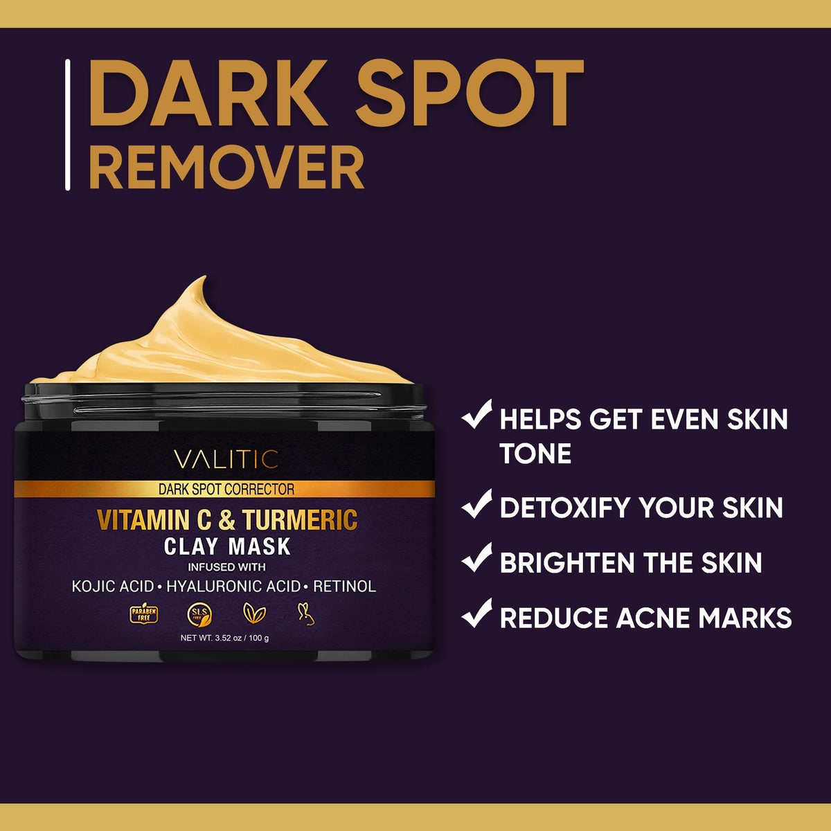 VALITIC Vitamin C & Turmeric Clay Mask with Kojic Acid, Hyaluronic Acid & Retinol