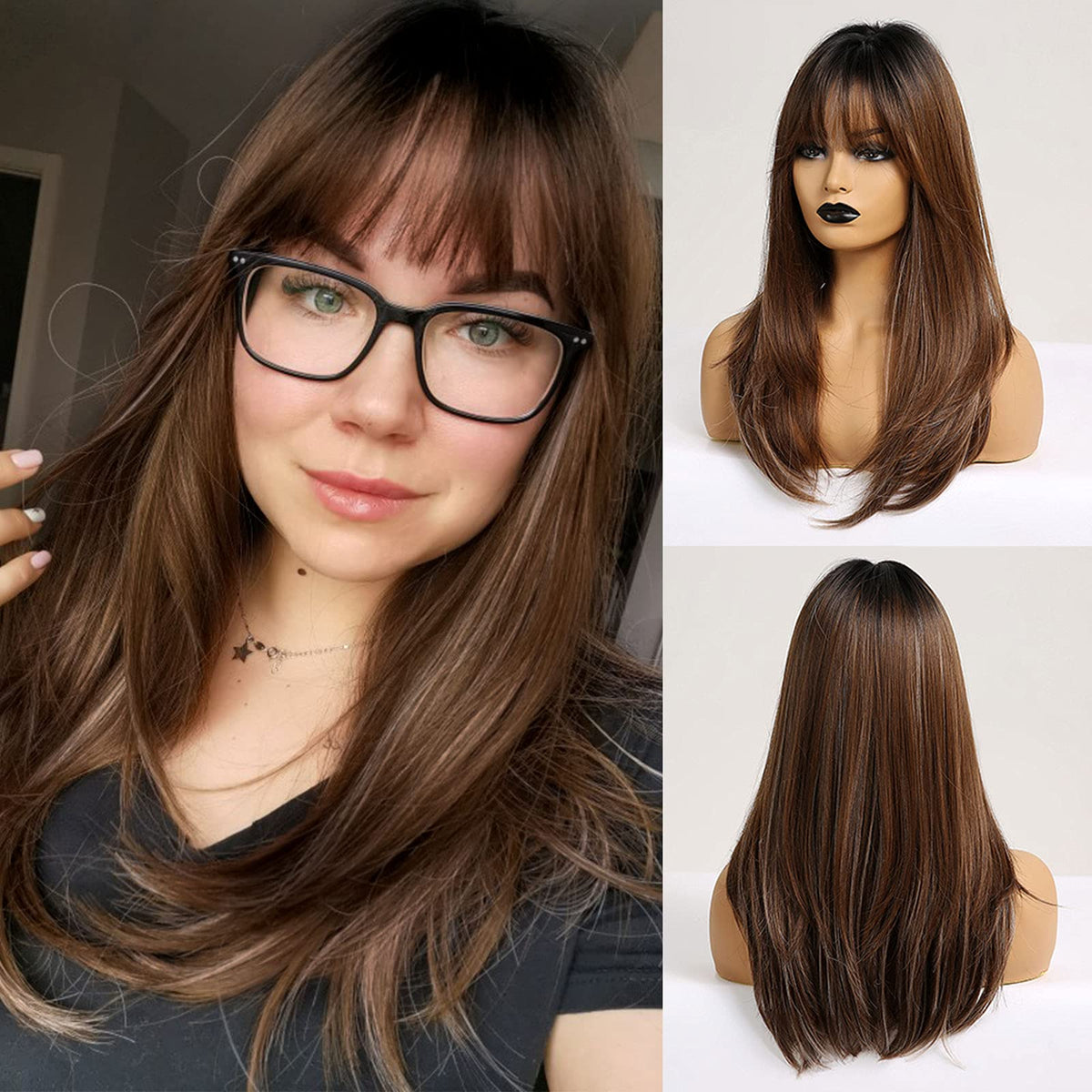 HAIRCUBE Long Straight Layered Synthetic Wig with Bangs