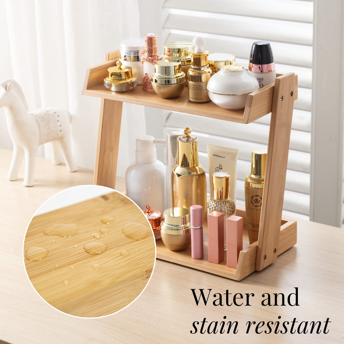 GOBAM Bamboo 2-Tier Makeup and Countertop Organizer, Natural