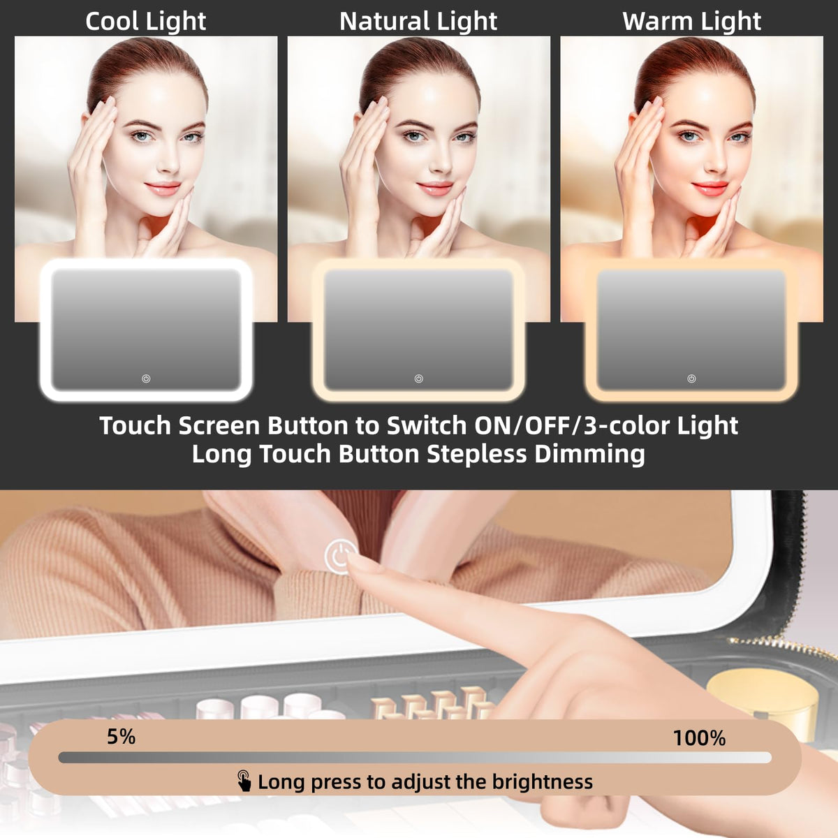 Large Makeup Bag with LED Mirror, Adjustable Dividers and Travel Straps