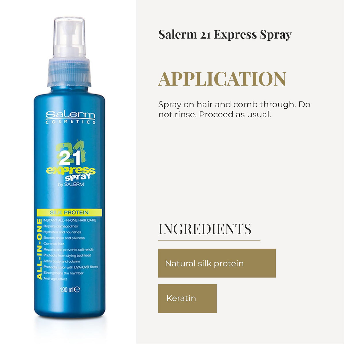 Salerm 21 Express Leave-In Hair Mask Spray with Silk Protein, 190 ml