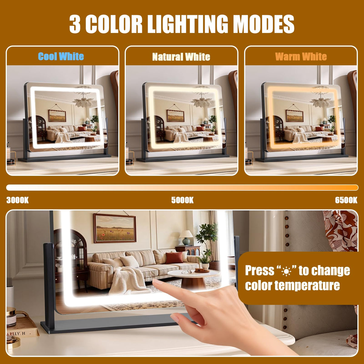 LED Vanity Makeup Mirror with Lights, Smart Touch, 3-Color Dimming