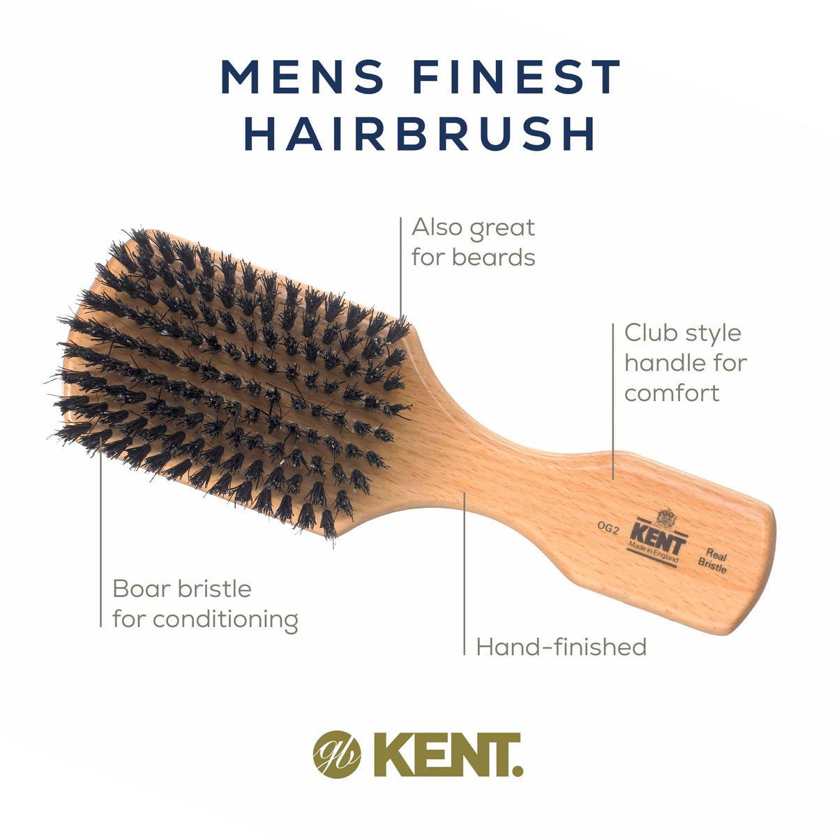 Kent OG2 Beechwood Hair Brush with Natural Boar Bristles