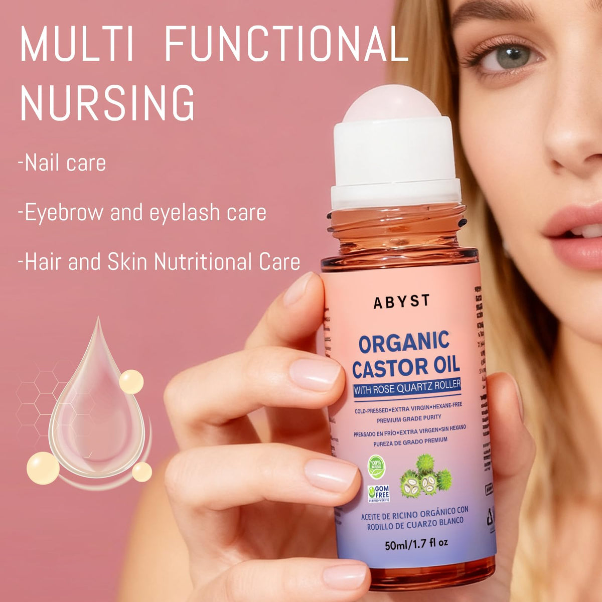 Organic Cold-Pressed Castor Oil Roll-On with Rose Quartz Rollerball