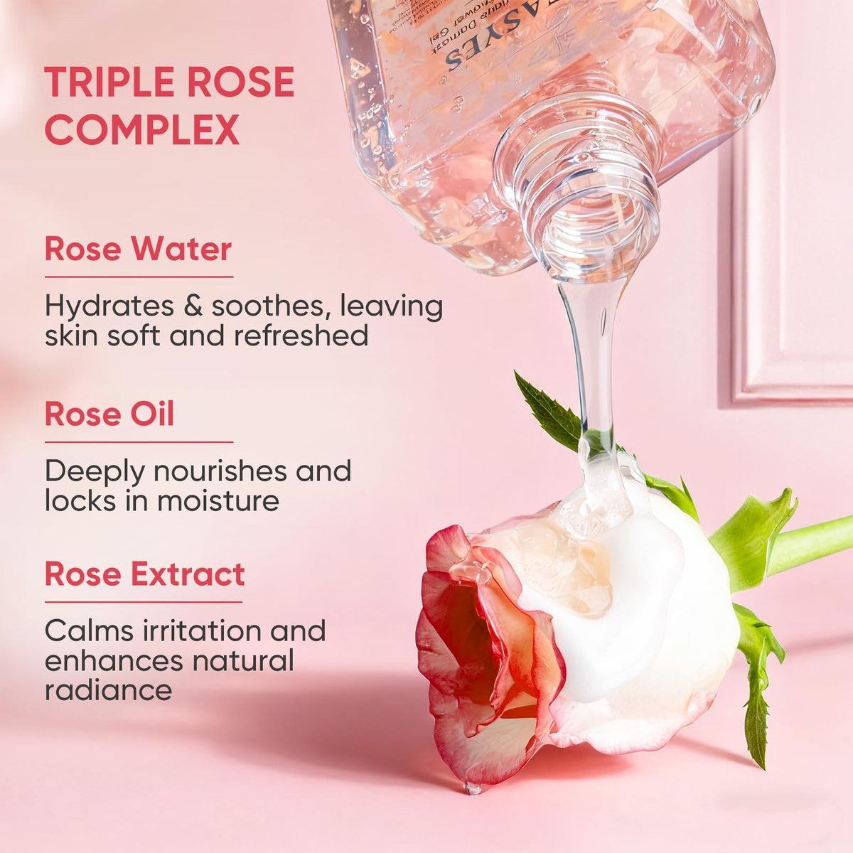 Rose Essence Body Wash with Real Rose Petals, Hyaluronic Acid & Ceramides