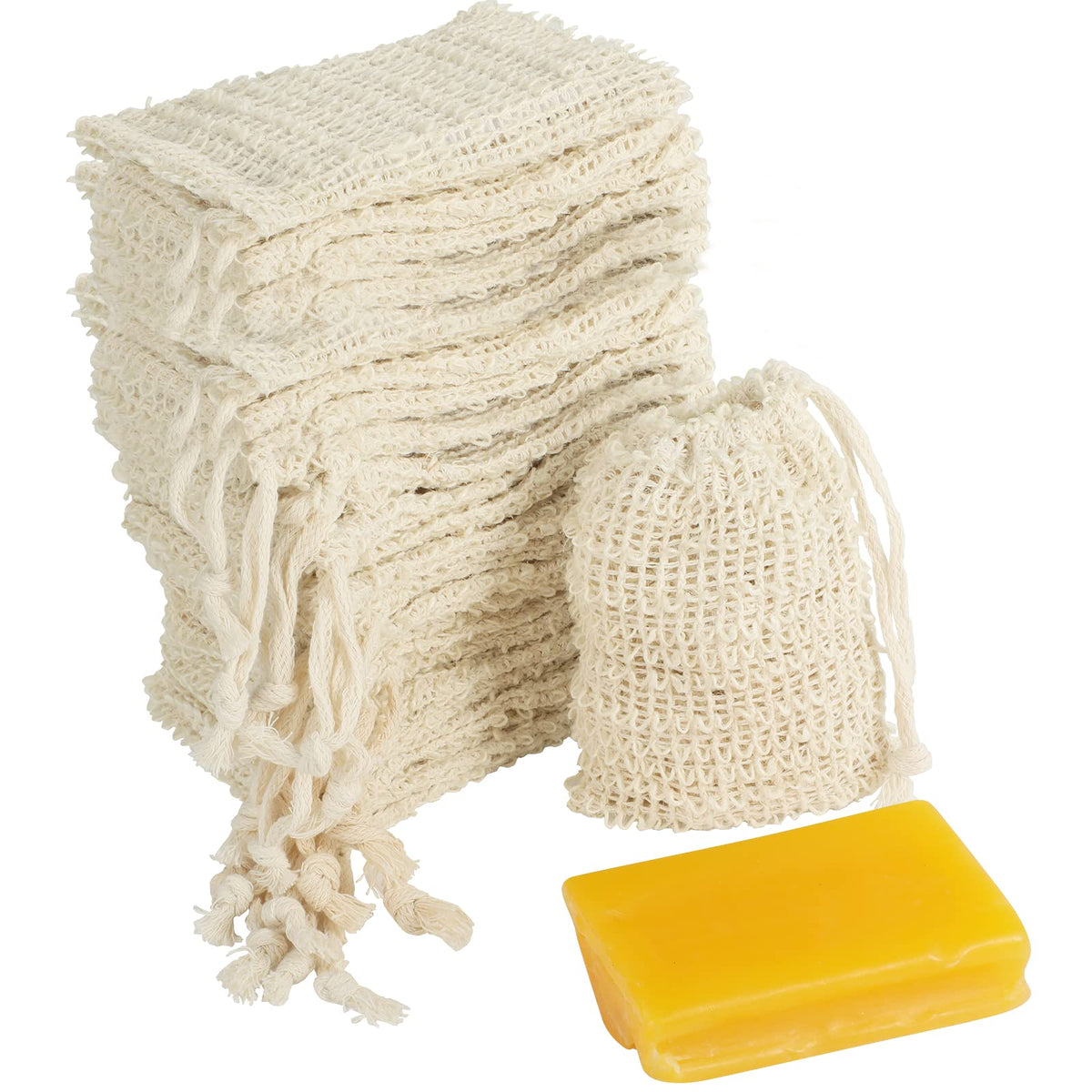 100 Pcs Sisal Soap Saver Bags with Drawstring, Reusable Exfoliating Mesh Pouches
