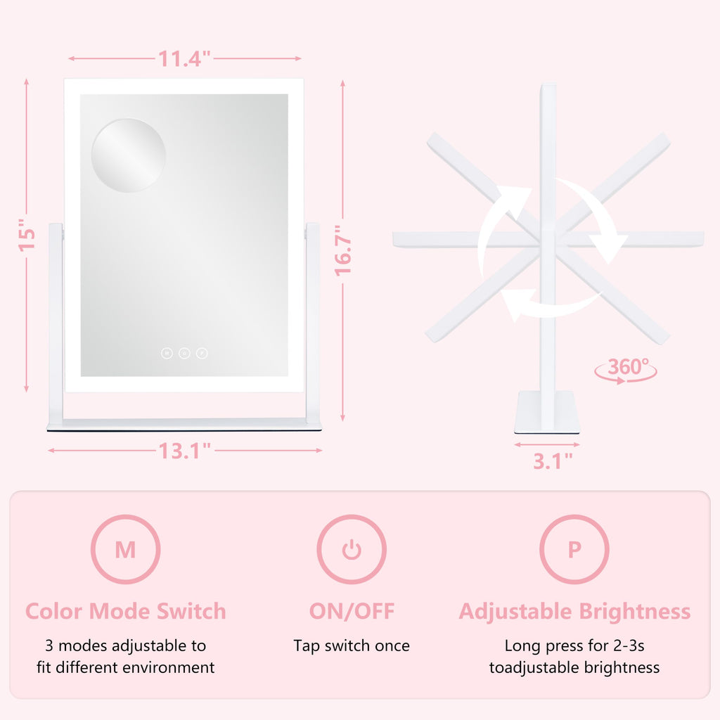Lighted Vanity Makeup Mirror with 3 Color Modes, Dimmable, 360° Rotation