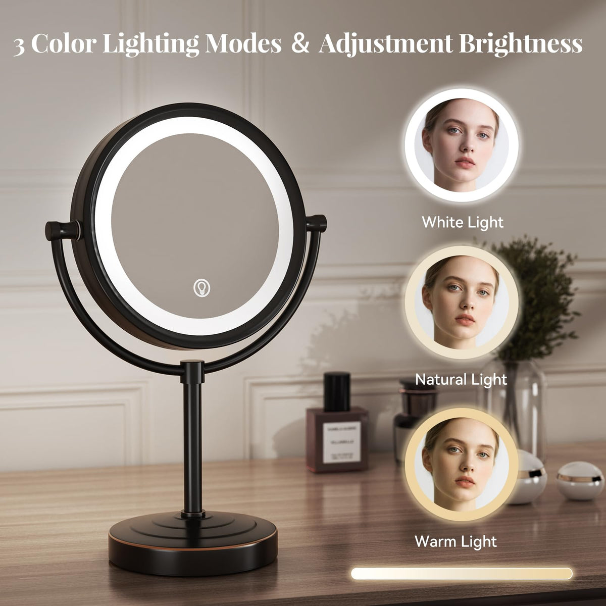 GURUN 8.5-Inch LED Tabletop Makeup Mirror, Dimmable Double-Sided