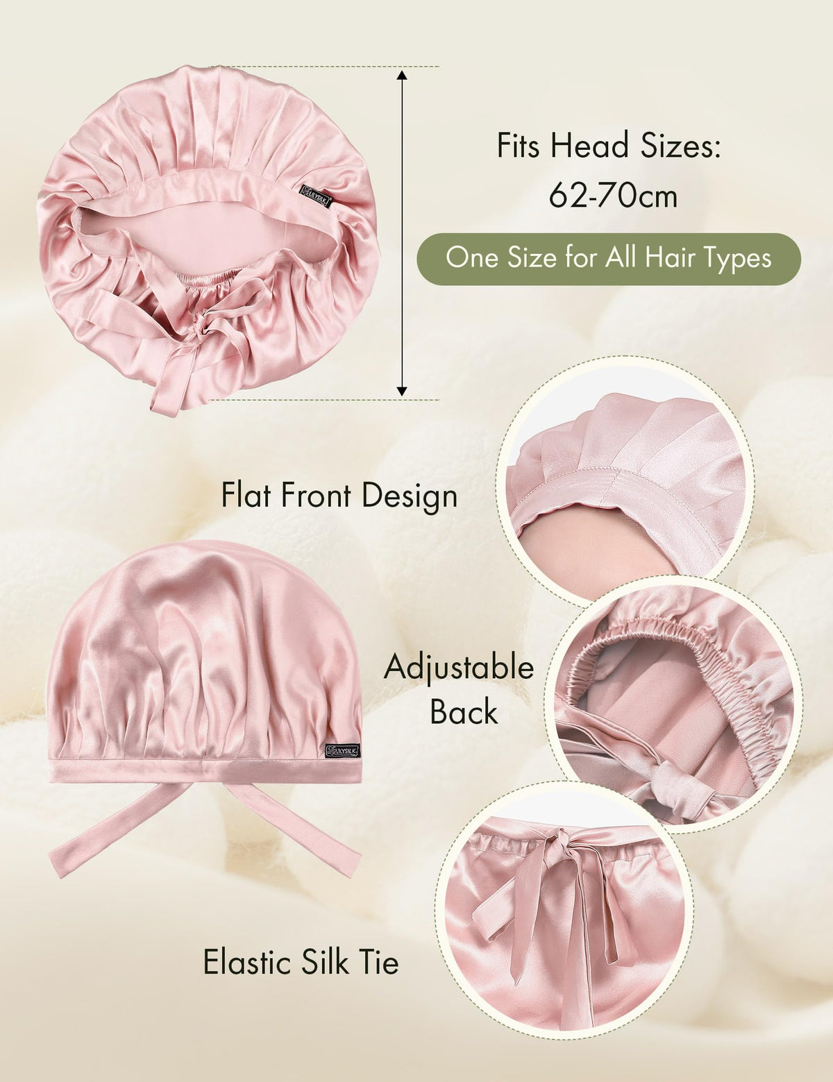 LilySilk 100% Mulberry Silk Adjustable Sleep Bonnet, Medium