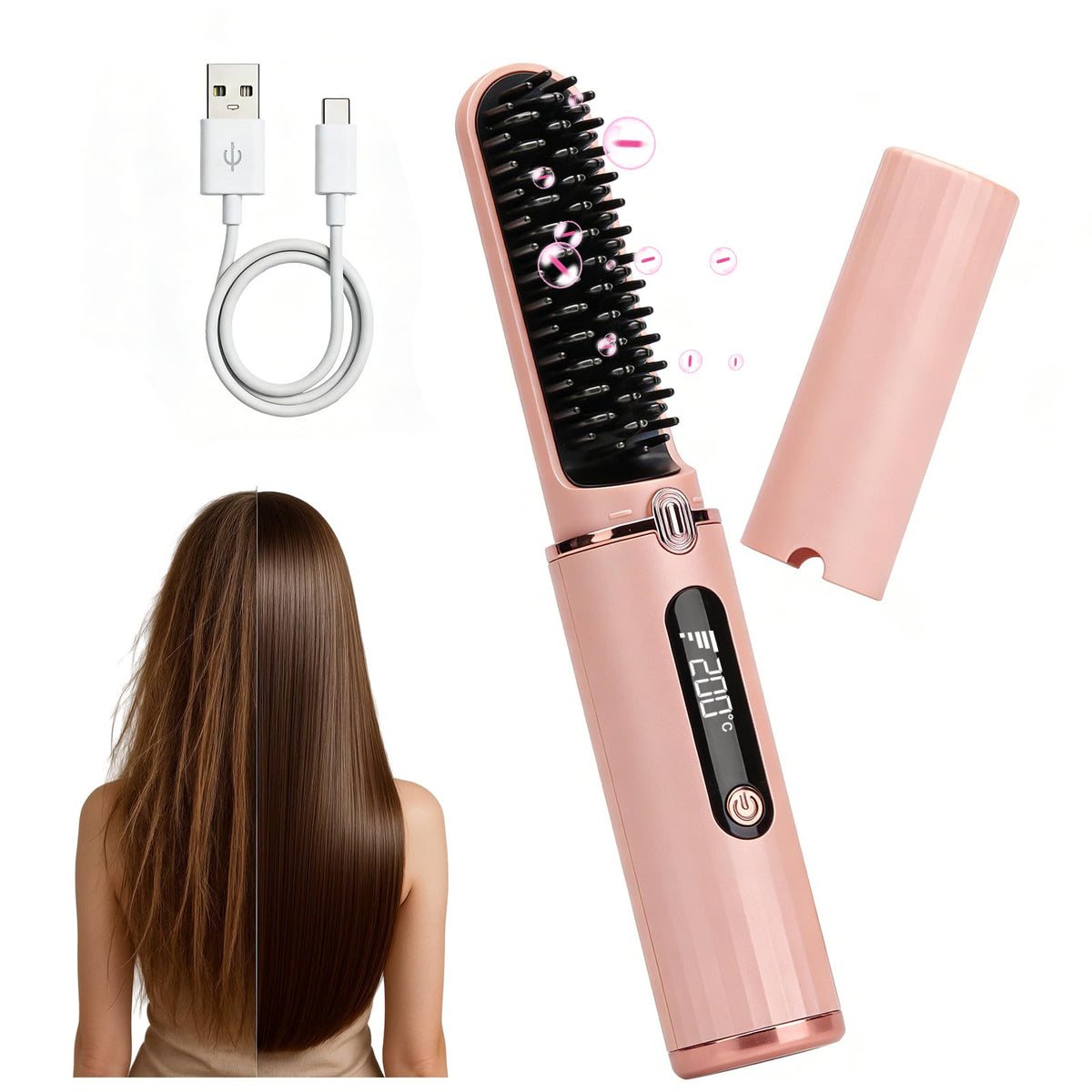 Cordless Hair Straightener Brush with Negative Ion Ceramic Bristles
