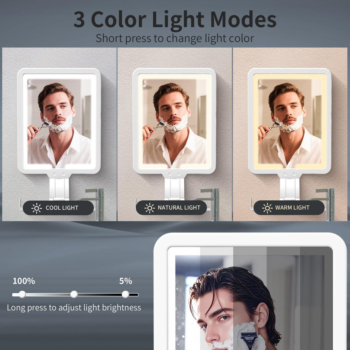 Heated Fogless Shower Mirror with Dimmable LED Lights
