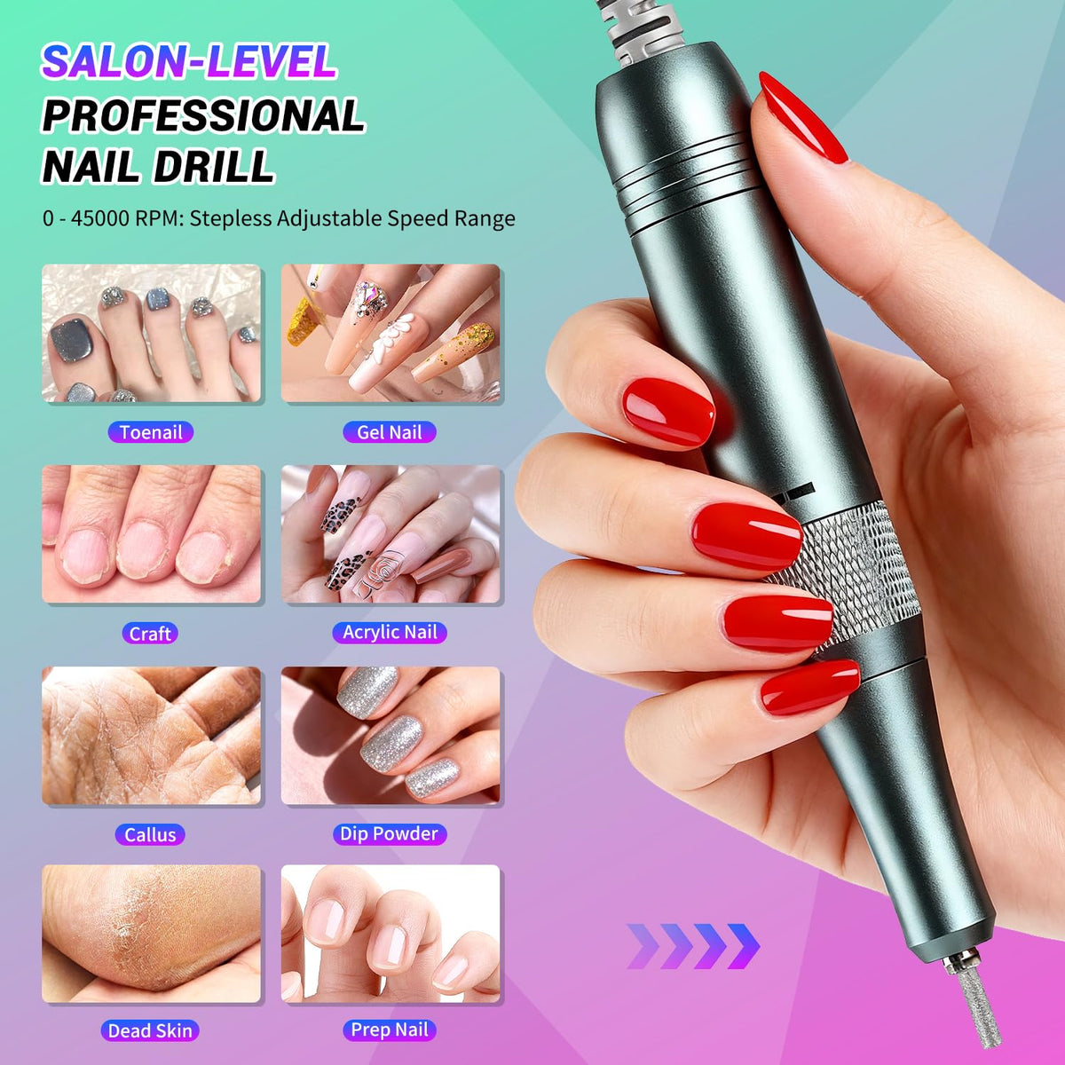 JEWHITENY Portable Rechargeable Nail Drill, 45,000 RPM Electric Nail File