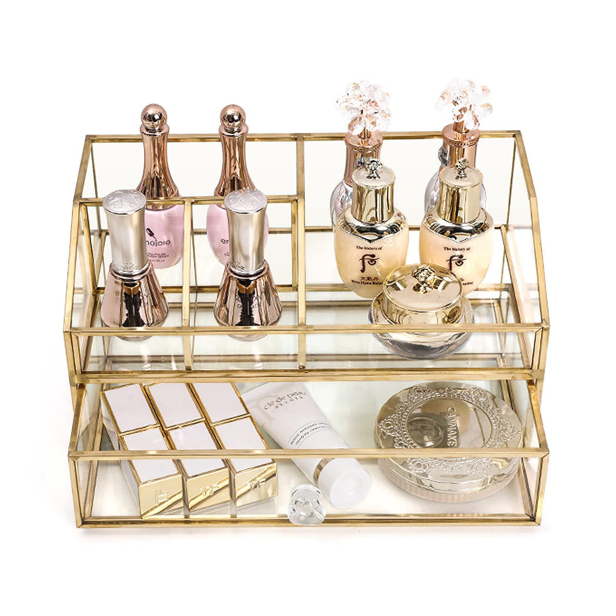 5-Compartment Gold Glass Makeup Brush Holder Organizer