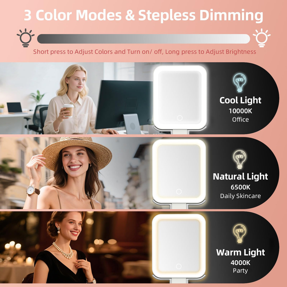 GioeDa Ivory White Travel Makeup Mirror with Lights, 10X/1X Magnification