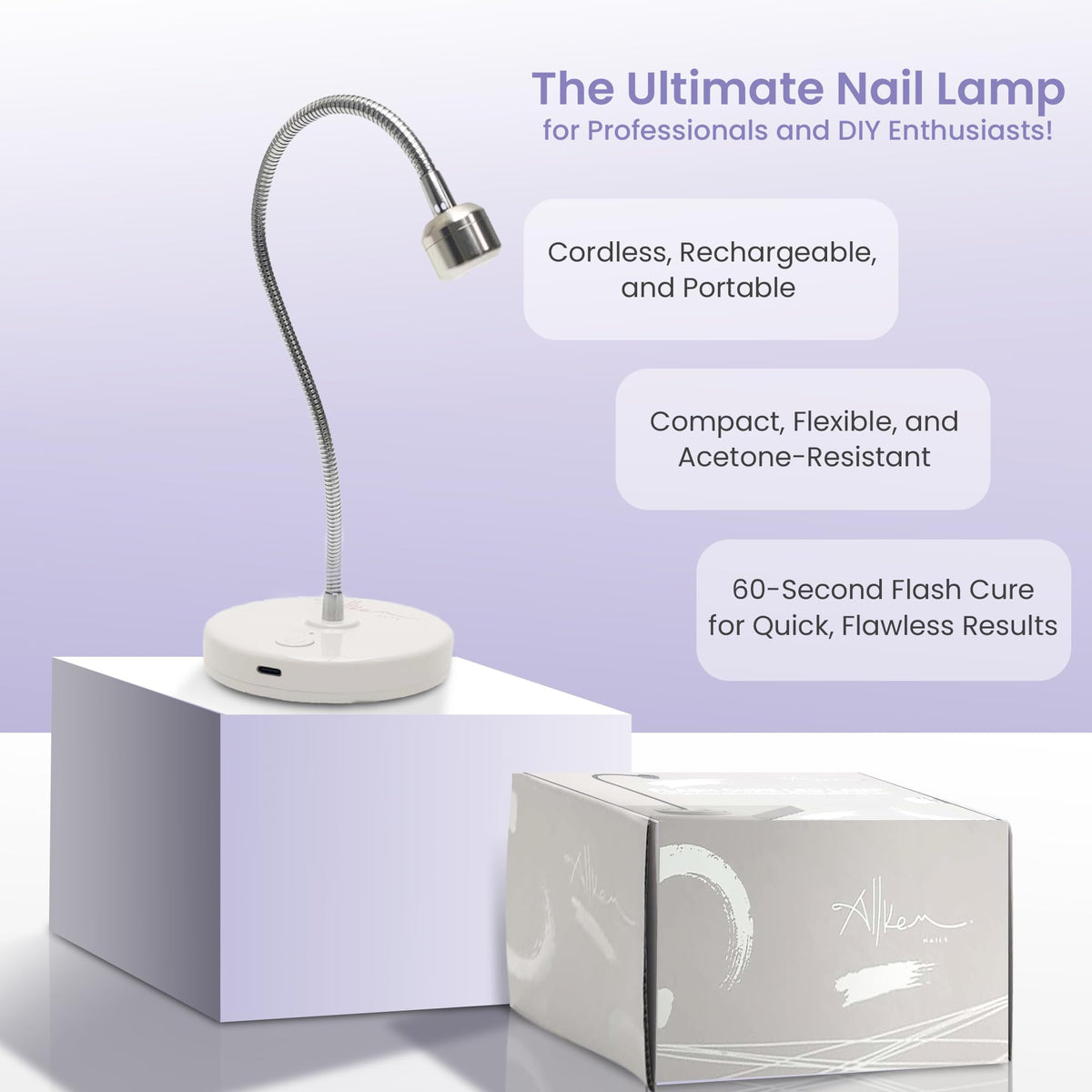 ALLKEM Portable Cordless UV LED Nail Lamp, Rechargeable Gooseneck Gel Nail Dryer, Silver