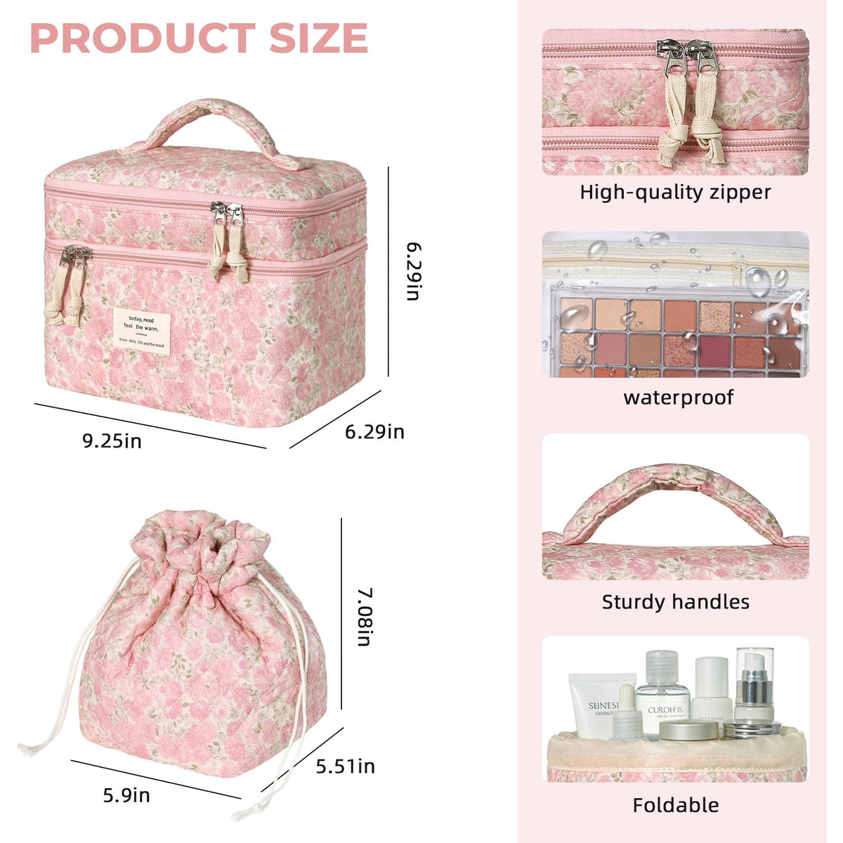 Gosect Quilted Makeup Bag Set with Drawstring Cosmetic Organizer