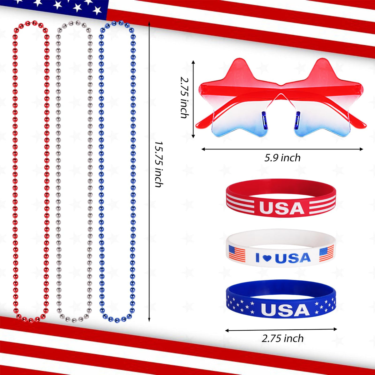 Mysense 4th of July Patriotic Accessories Set with Sunglasses, Jewelry and Glitter