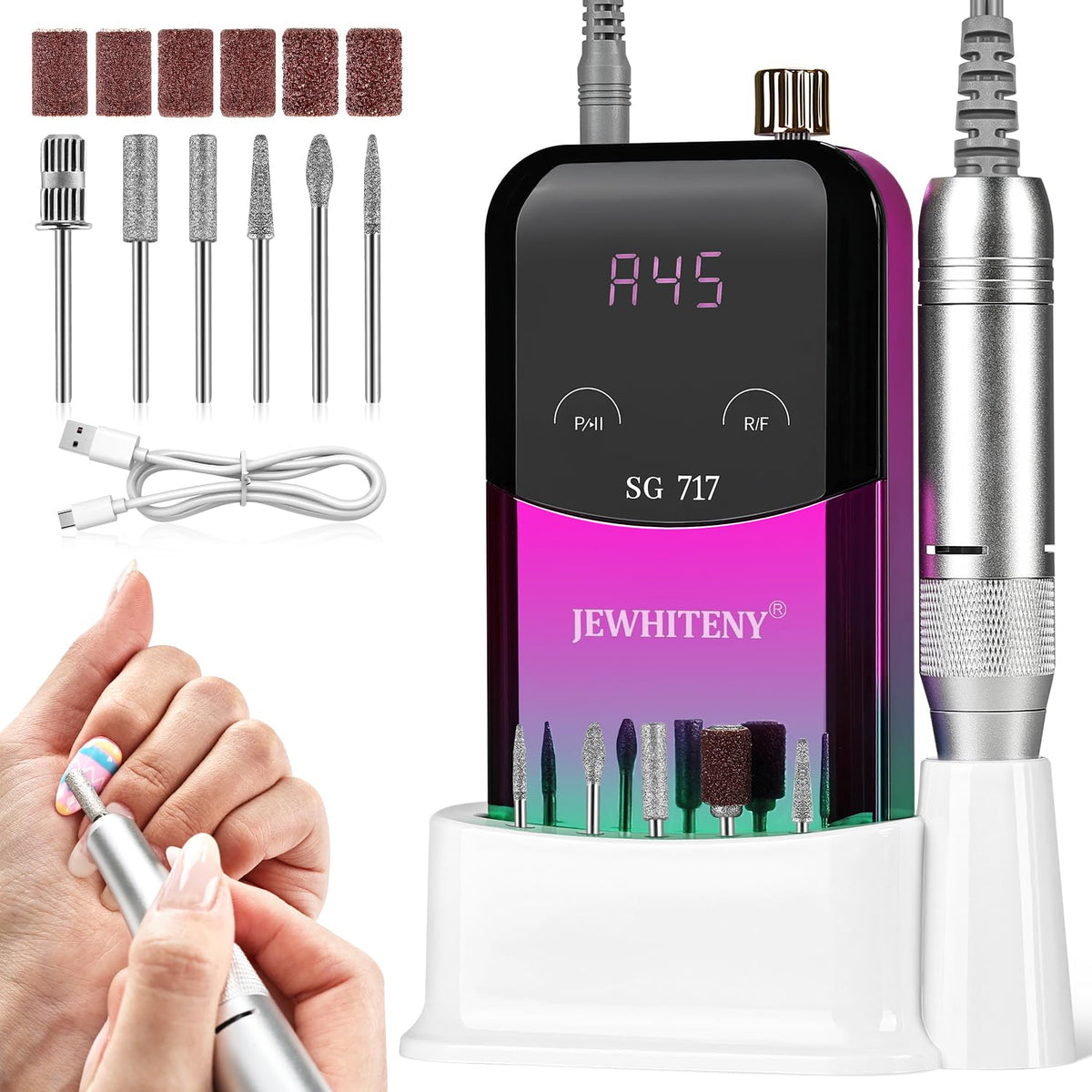 JEWHITENY Portable Rechargeable Nail Drill, 45,000 RPM Electric Nail File