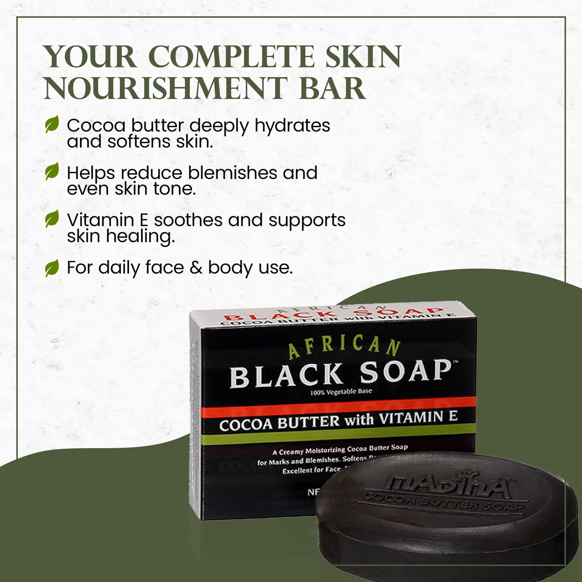 Madina African Black Soap Bar with Cocoa Butter and Vitamin E