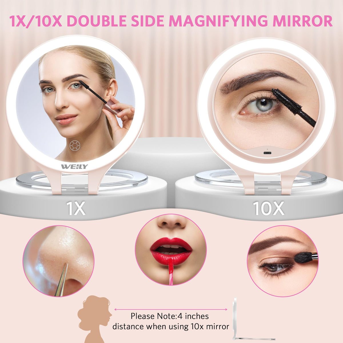 WEILY 10X/1X LED Travel Makeup Mirror with Light