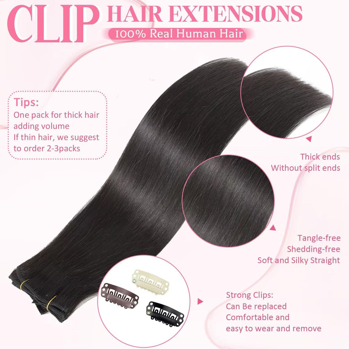 Tebelove Clip-In 100% Remy Brazilian Human Hair Extensions, Double-Weft Set