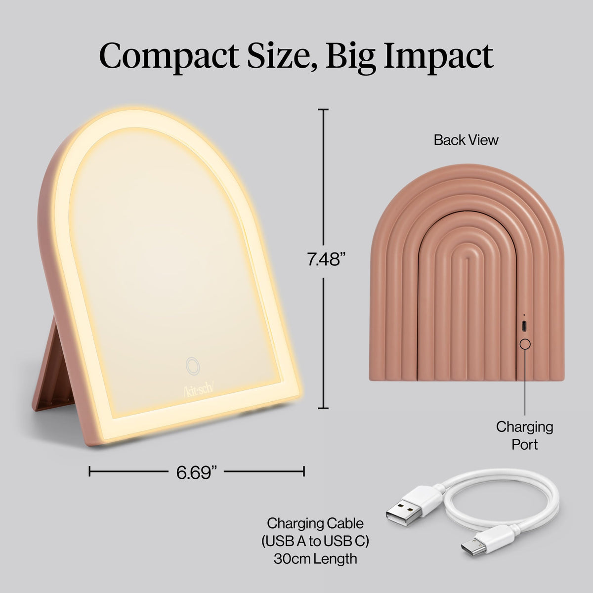Kitsch Arch Desk Vanity Mirror with Lights, Rechargeable LED Mirror - Terracotta