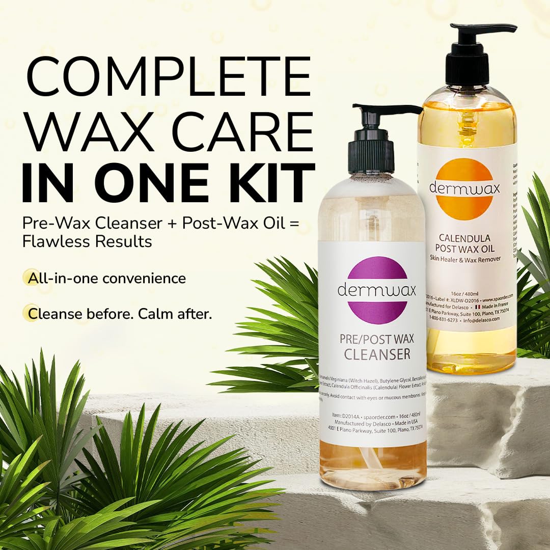 Dermwax Pre & Post Wax Care Kit with Cleanser and Calendula Oil
