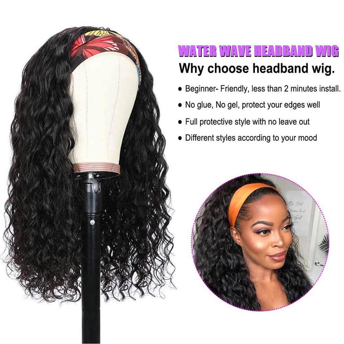 100% Remy Human Hair Headband Wig