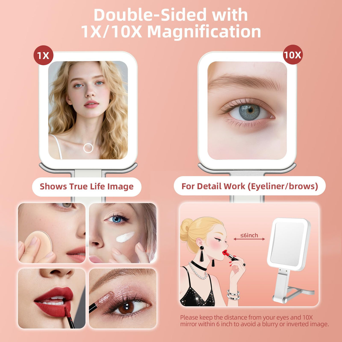 GioeDa Ivory White Travel Makeup Mirror with Lights, 10X/1X Magnification