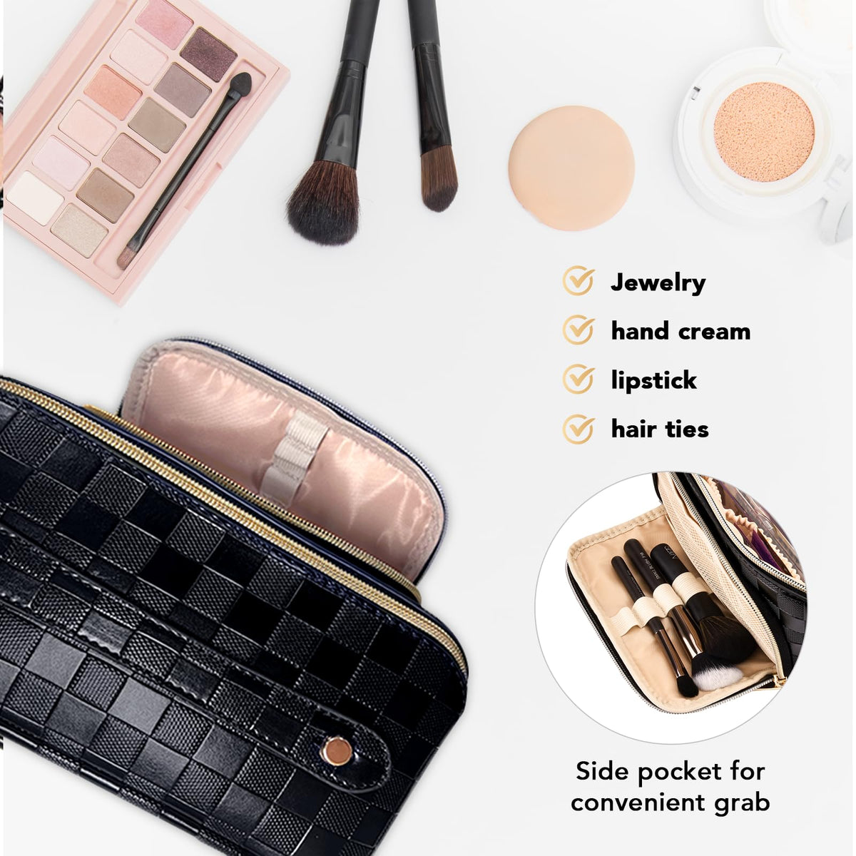 Black Checkered PU Leather Travel Makeup Bag with Compartments