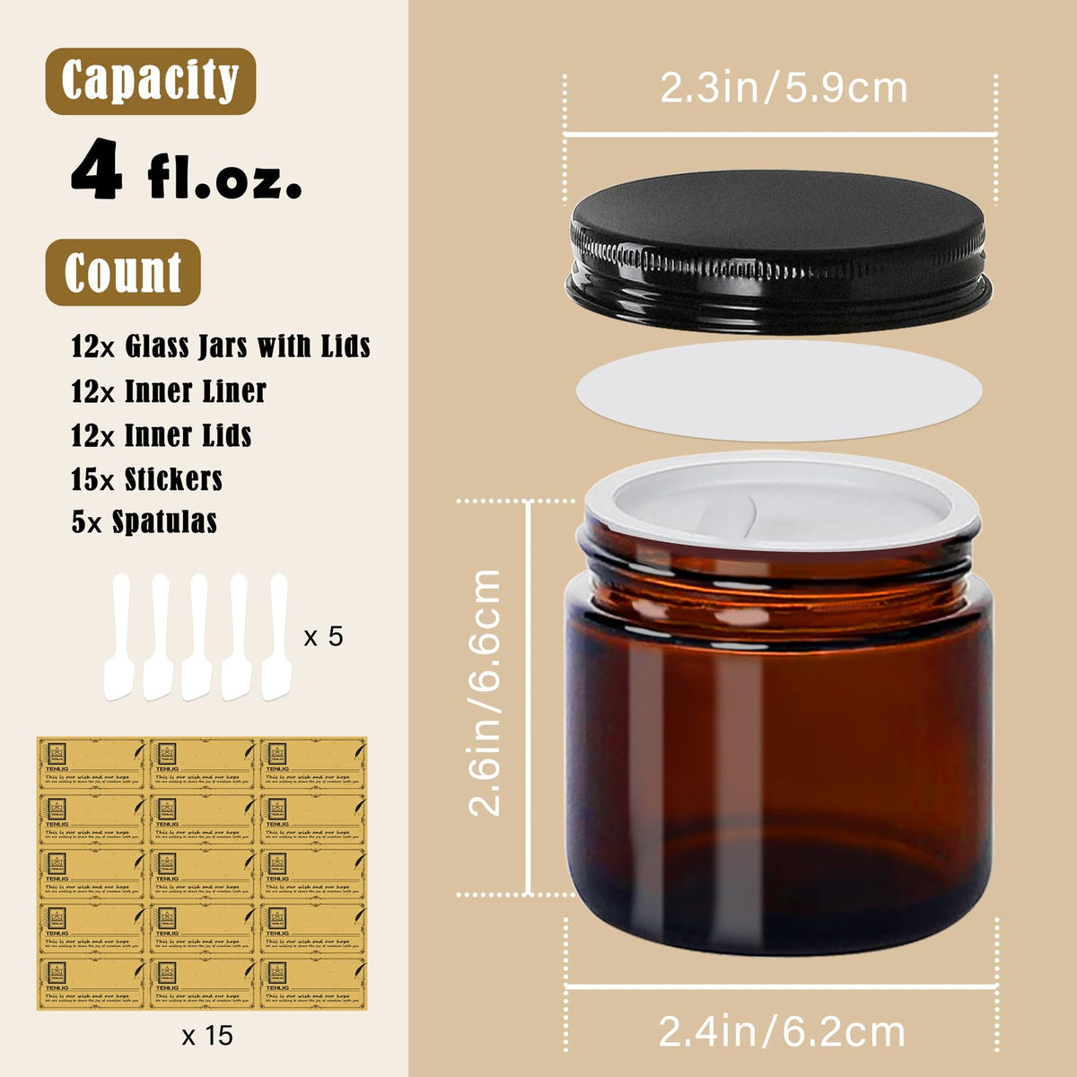 12 Pack 4 oz Amber Glass Cosmetic Jars with Lids, Liners & Spatulas