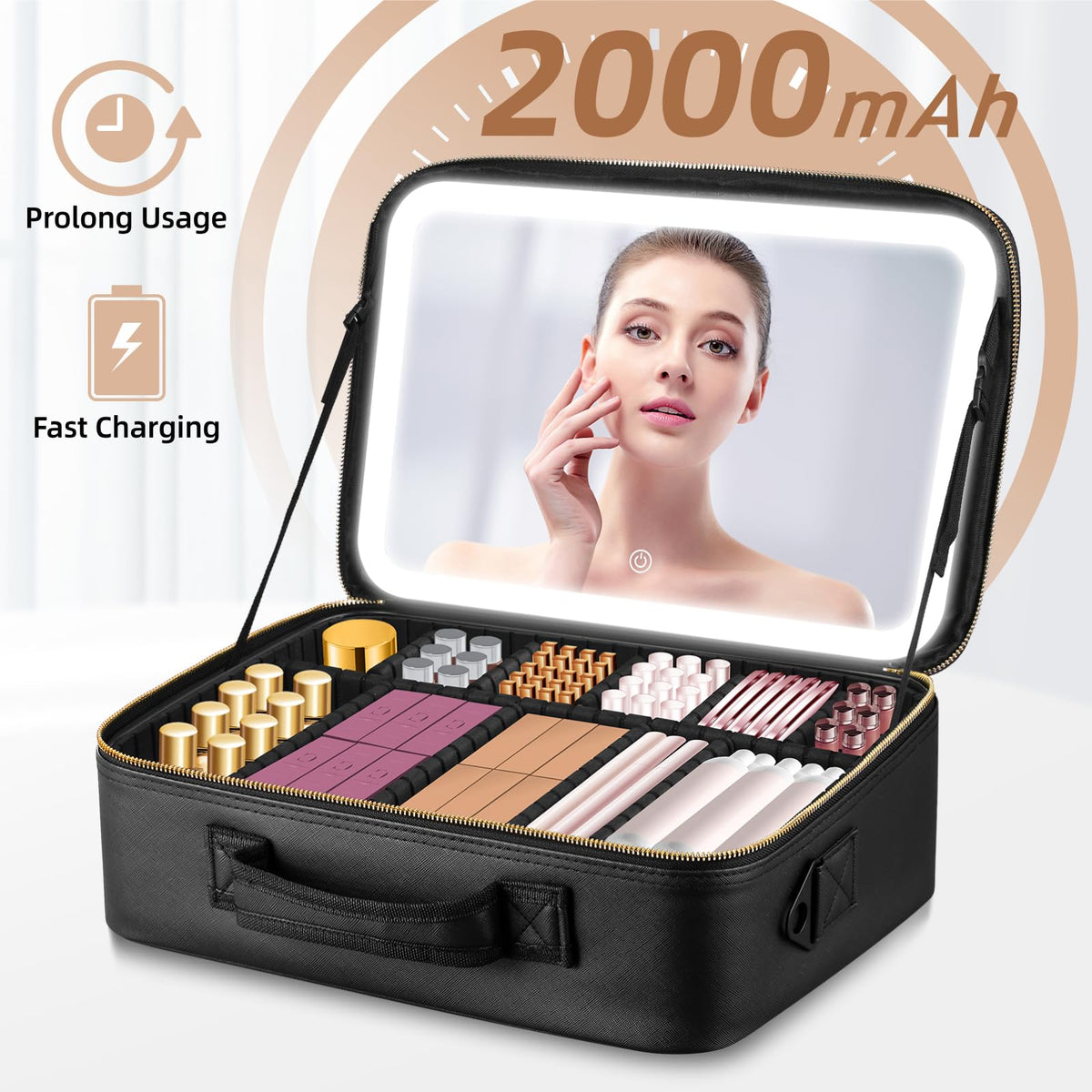 Large Makeup Bag with LED Mirror, Adjustable Dividers and Travel Straps