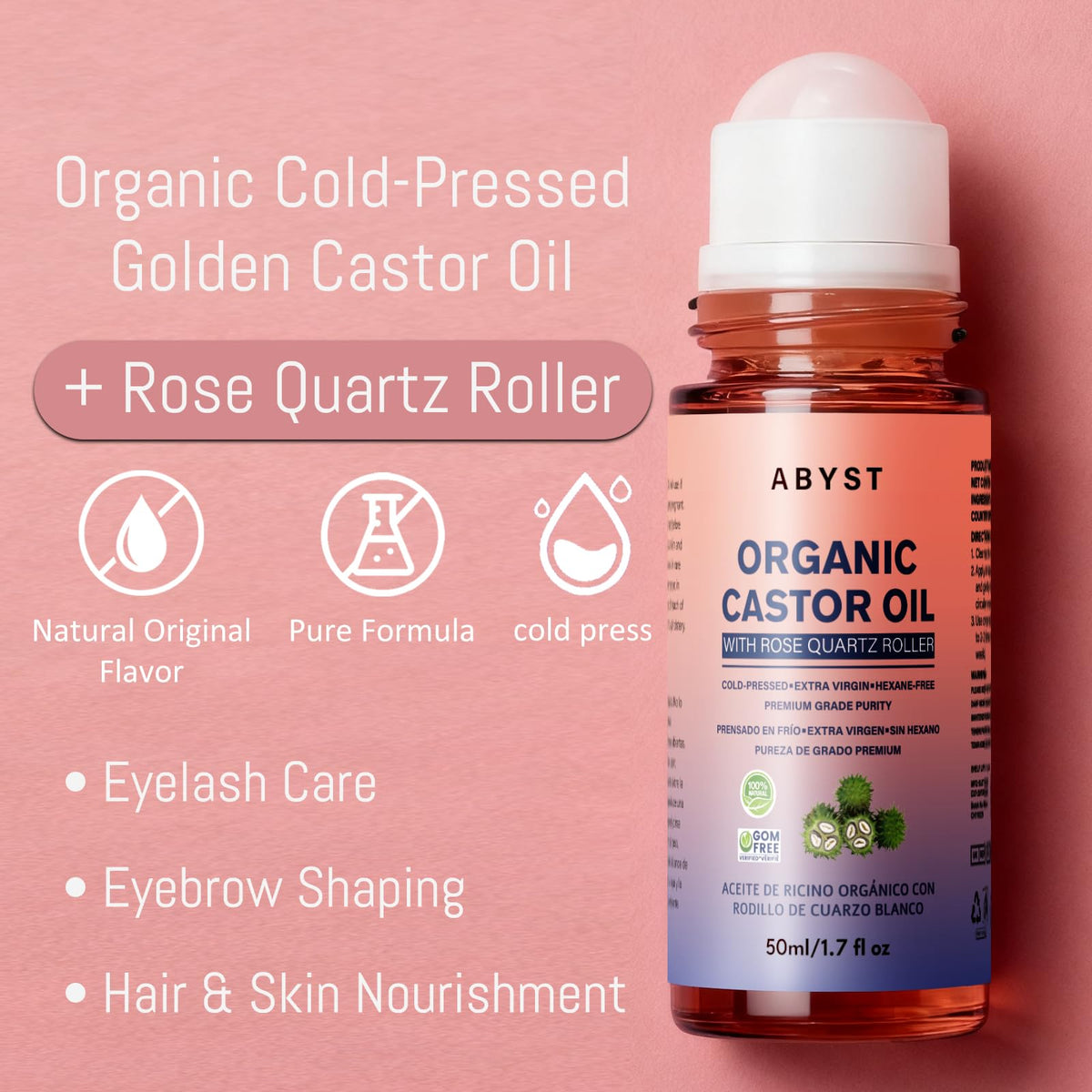 Organic Cold-Pressed Castor Oil Roll-On with Rose Quartz Rollerball