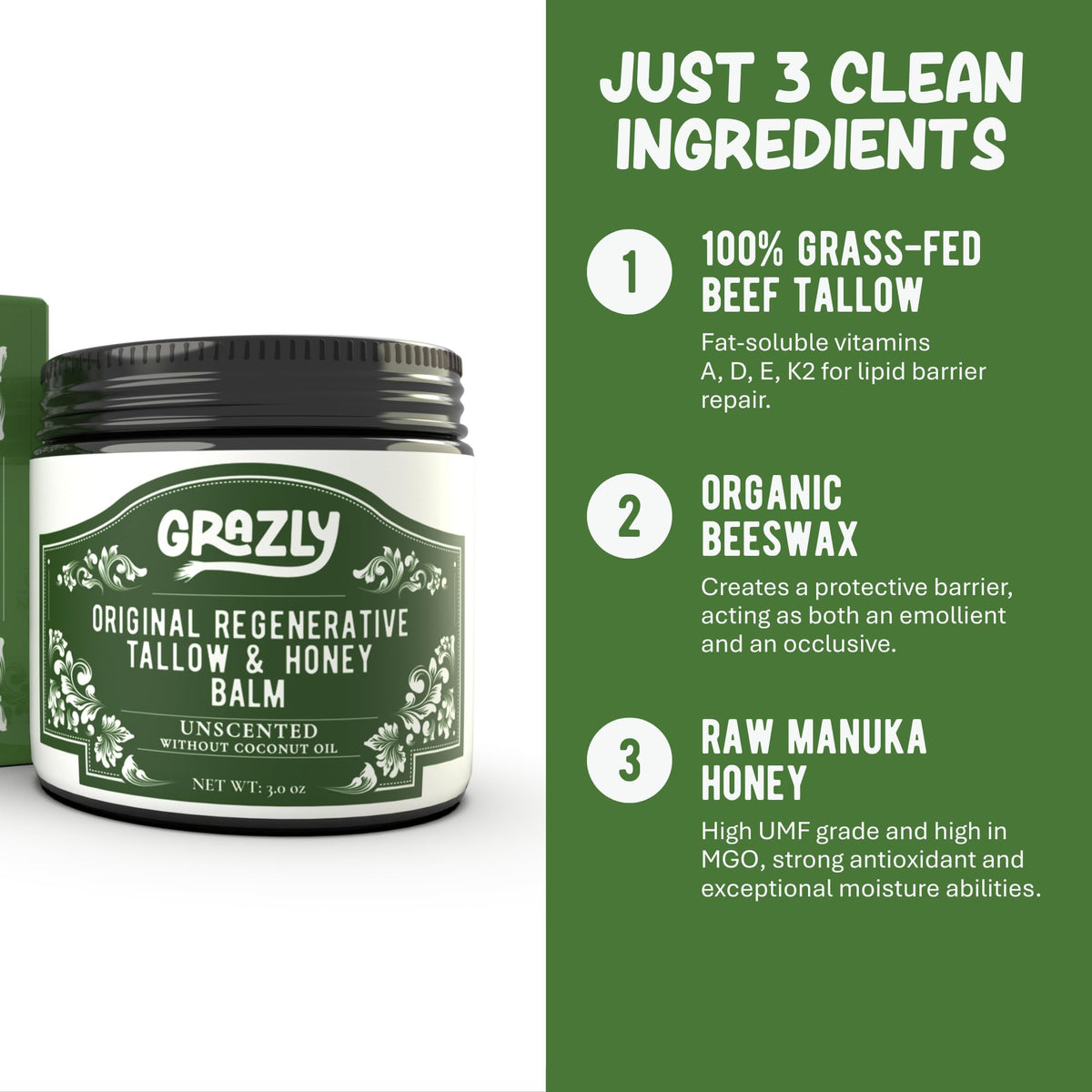 Grazly Beef Tallow & Manuka Honey Balm with Beeswax, 3 oz