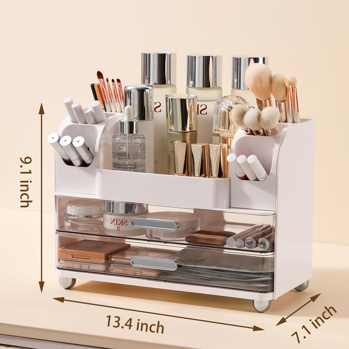 Anyoifax Makeup Organizer Countertop with Drawers and Brush Slots