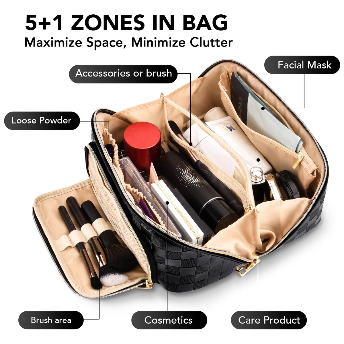 Black Checkered PU Leather Travel Makeup Bag with Compartments